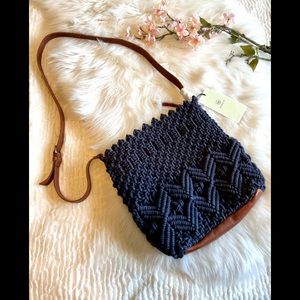 NWT Blue Macrame Anabaglish Crossbody Bag with Leather Accents